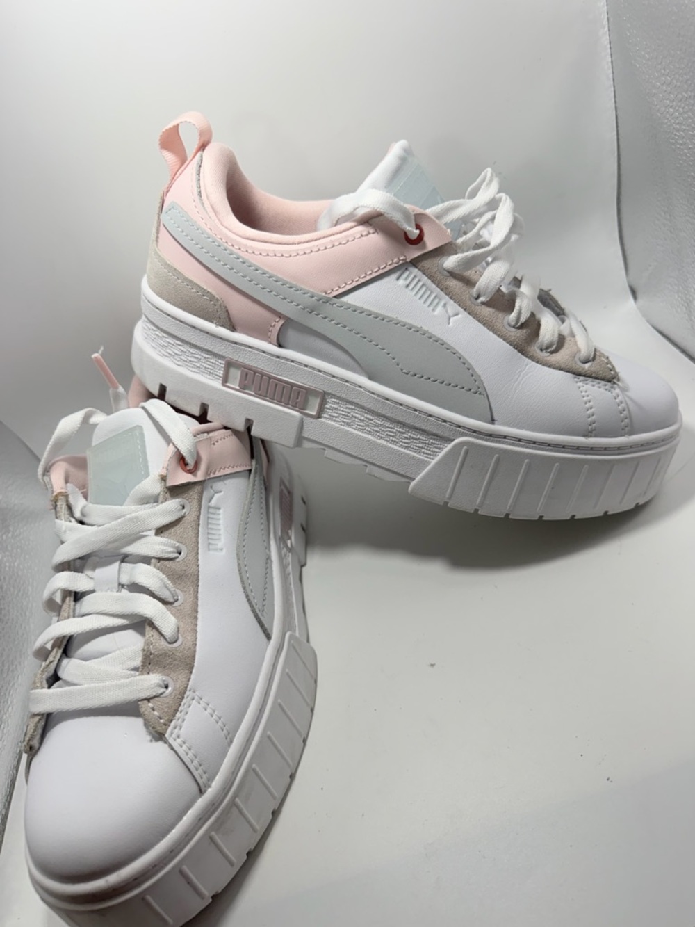 Puma Women's White and Light Pink Platform Sneakers